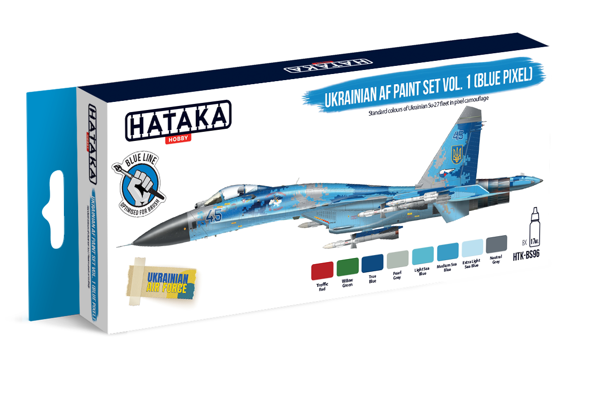 HTK-BS96 Hataka Ukrainian AF Blue Pixel Paint Set product image, Hataka HTK-BS96 paint bottles close up, 8x17ml acrylic paint set Ukrainian Air Force Blue Pixel camo, brushable Blue Line paints for modern aircraft, Hataka Blue Line acrylic aviation paints