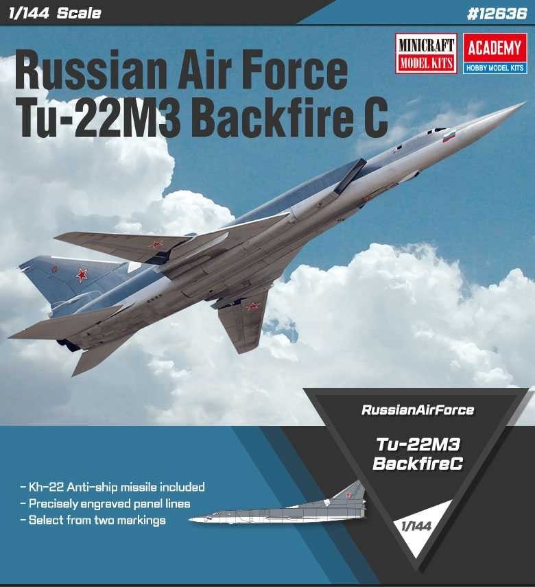 The box art for the Academy 12636 model kit, featuring a detailed illustration of the Tupolev Tu-22M3 "Backfire C" supersonic variable-sweep wing bomber in flight, showcasing its distinctive shape and weaponry.