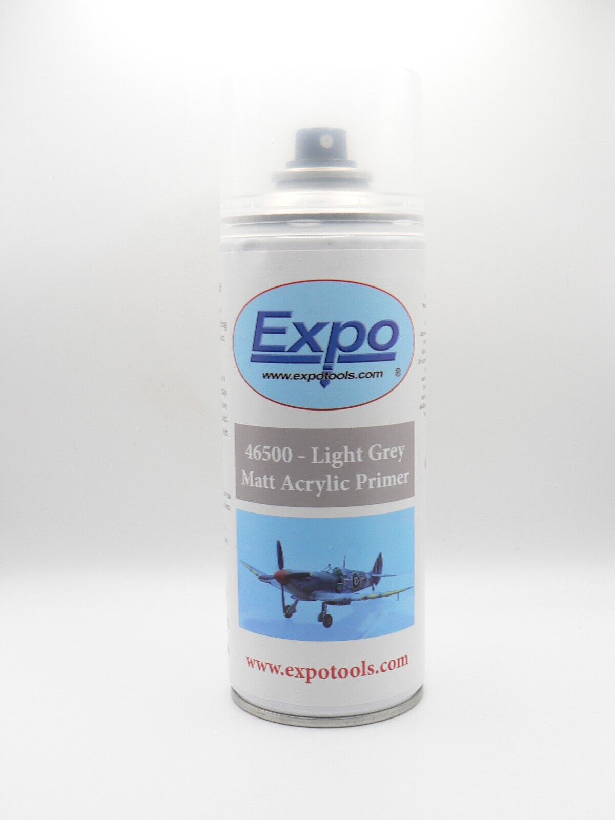 A 400ml aerosol can of Expo Matt Light Grey Acrylic Model Primer, displaying its neutral grey finish and indicating it's suitable for preparing plastic and metal models for painting.