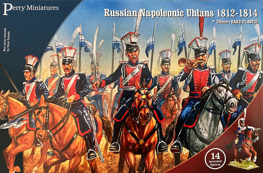 Box of Perry Miniatures Russian Napoleonic Uhlans from 1812-1814 with soldiers on horseback.