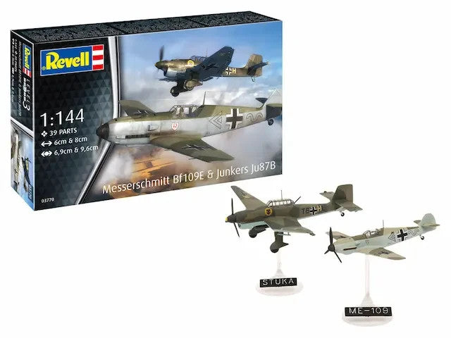 The box art for the Revell 03770 model kit, featuring a detailed illustration of both a Messerschmitt Bf 109E fighter and a Junkers Ju 87B Stuka dive bomber in action, likely during the early stages of WWII.