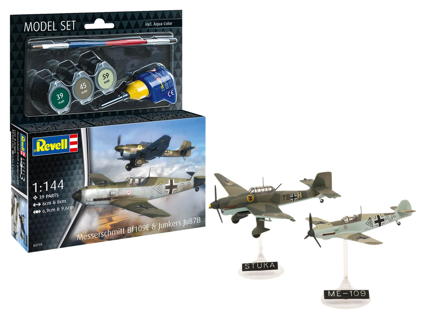 The box art for the Revell 63770 model set, featuring a detailed illustration of both a Messerschmitt Bf 109E fighter and a Junkers Ju 87B Stuka dive bomber in action, likely during the early stages of WWII. The box may also prominently display "Model Set" and indicate the inclusion of paints, glue, and a brush.