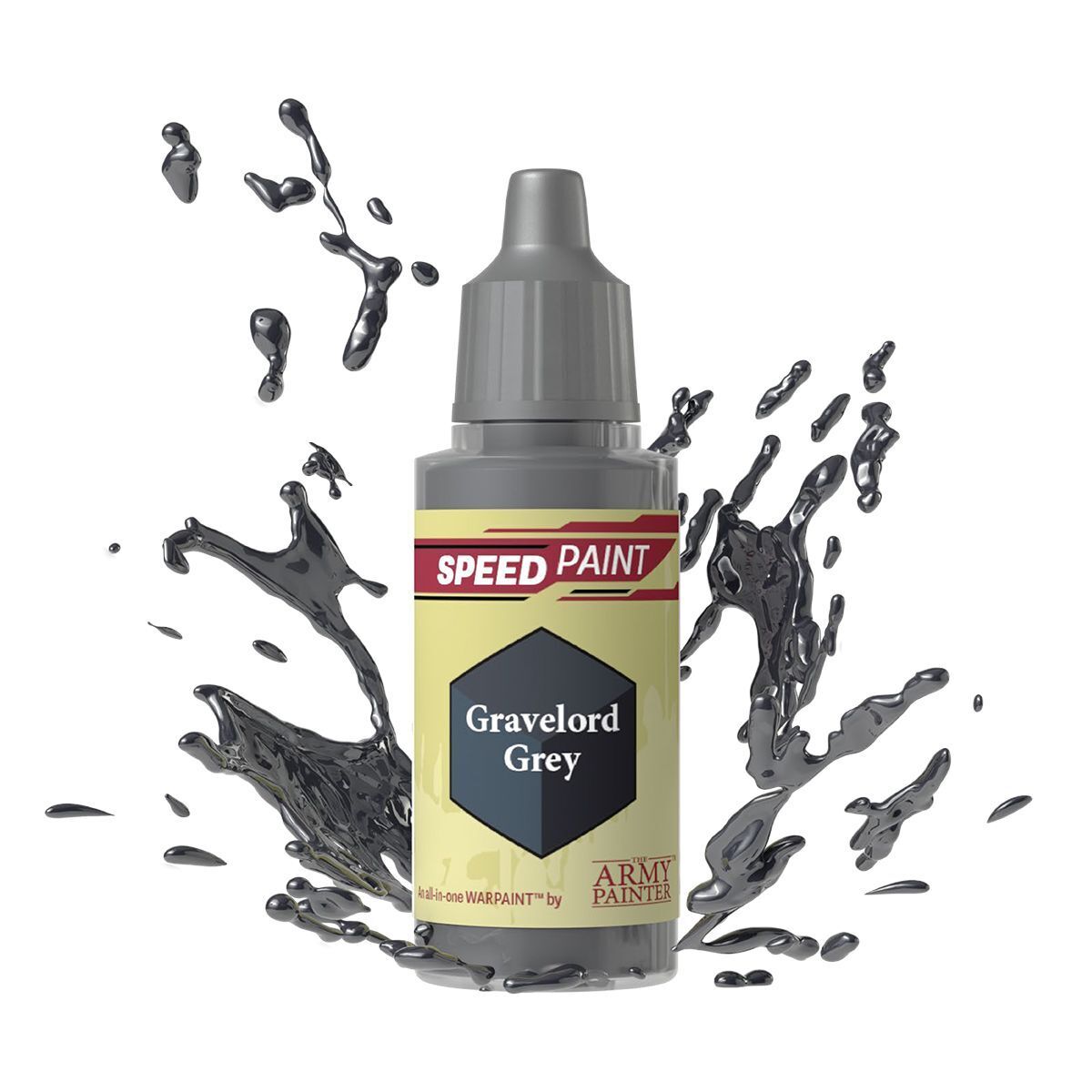 An 18ml dropper bottle of The Army Painter Speedpaint Gravelord Grey, showing a dark, cool grey color, ideal for grim rock, dark stone, or weathered armor.