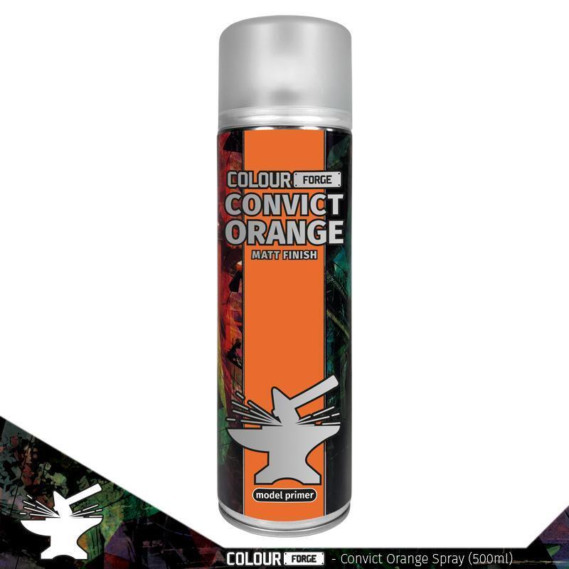 A 500ml spray can of The Colour Forge Convict Orange spray paint, a vibrant, bright orange color, perfect for priming miniatures and models with smooth, even coverage.