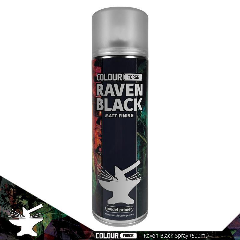 A 500ml spray can of The Colour Forge Raven Black spray paint, a deep, rich black primer for miniatures and models, offering excellent coverage.