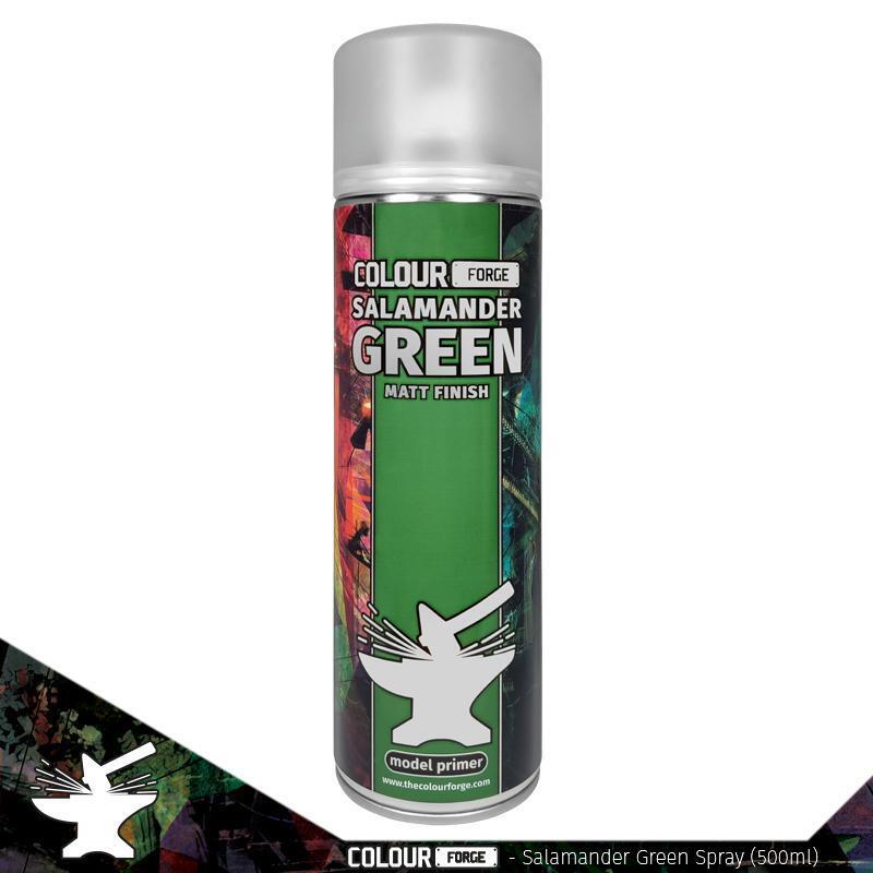 A 500ml spray can of The Colour Forge Salamander Green spray paint, a vibrant, bright green primer perfect for miniatures and models, matched to Games Workshop's Warpstone Glow.