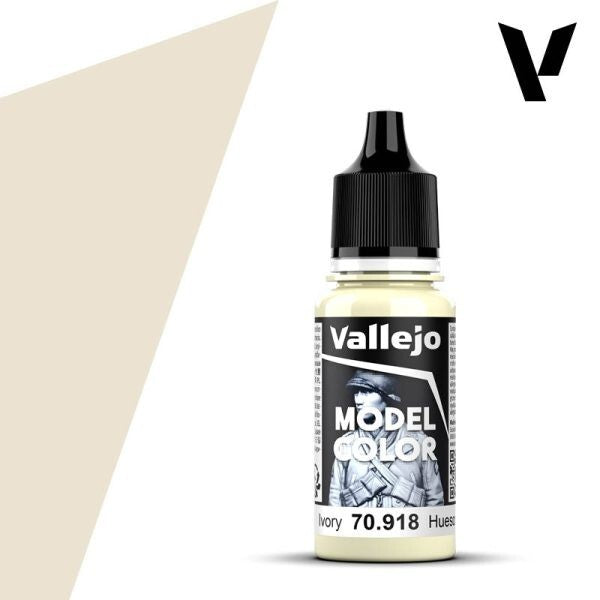 A 17ml dropper bottle of Vallejo Model Color paint, with a label indicating the color name "Ivory" and the code "70.918". The cap is black, and the bottle has the distinctive Vallejo design.