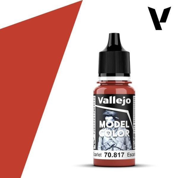 A 17ml dropper bottle of Vallejo Model Color paint in 'Scarlet' (70.817), showcasing its vibrant, pure red hue, perfect for striking details, flags, or heroic figures.