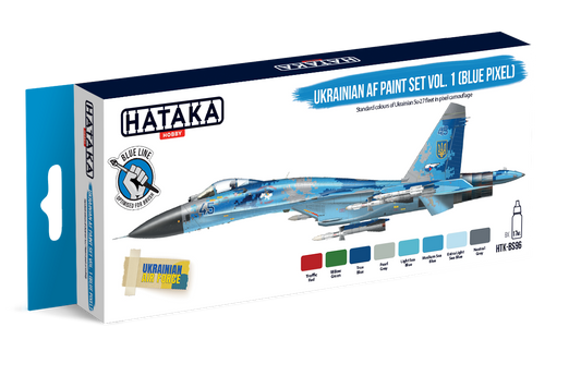 HTK-BS96 Hataka Ukrainian AF Blue Pixel Paint Set product image, Hataka HTK-BS96 paint bottles close up, 8x17ml acrylic paint set Ukrainian Air Force Blue Pixel camo, brushable Blue Line paints for modern aircraft, Hataka Blue Line acrylic aviation paints
