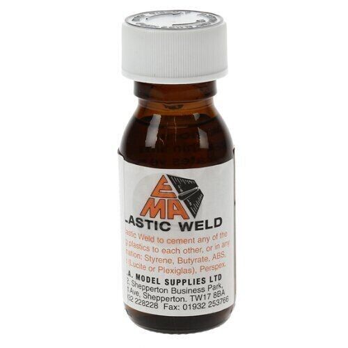 A bottle of EMA Plastic Weld solvent cement, a clear liquid adhesive used for model making. The bottle may have a black or white cap and a label with the product name and warnings.