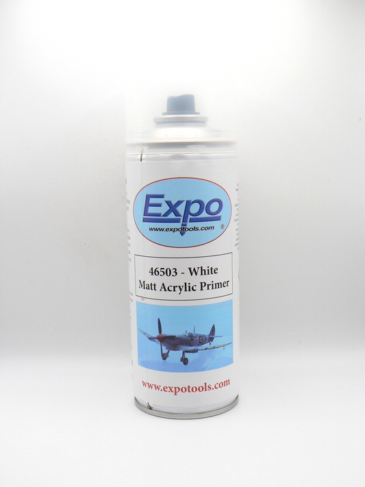 A 400ml aerosol can of Expo Matt White Acrylic Model Primer, displaying its clean white finish and indicating it's suitable for preparing plastic and metal models for painting.