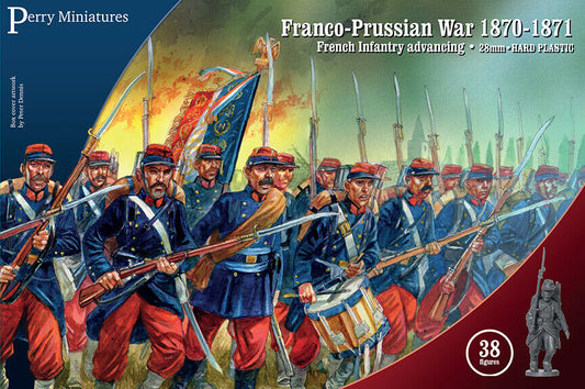 A painted diorama of Perry Miniatures FRE1 French Infantry advancing in column formation.