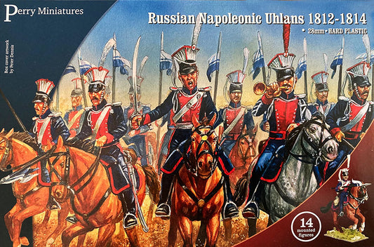 Box of Perry Miniatures Russian Napoleonic Uhlans from 1812-1814 with soldiers on horseback.