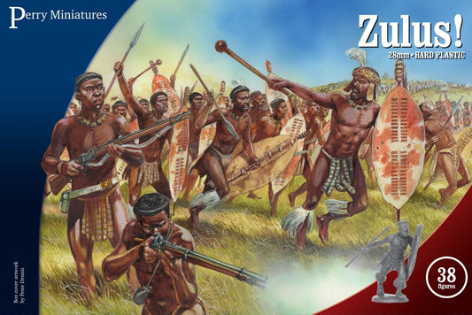 A painted diorama of Perry Miniatures VLW41 Zulu warriors advancing, showcasing their shields and war clubs.