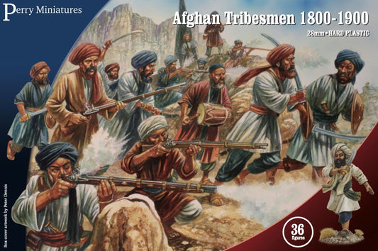 A diorama of painted Perry Miniatures VLW80 Afghan Tribesmen miniatures in a skirmish line, showing a variety of poses and weapons.