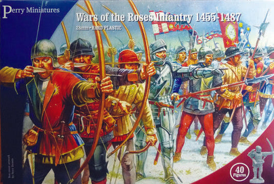 A diorama of painted Perry Miniatures WR1 English infantry, showing the figures in a battle formation with longbows and bills.