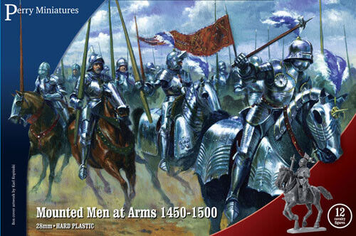 A painted diorama of Perry Miniatures WR40 Mounted Men at Arms in a dynamic charging formation.