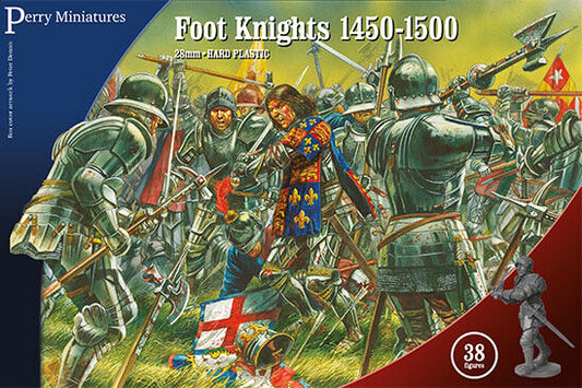 A painted diorama of Perry Miniatures WR50 Foot Knights engaged in a battle line formation.