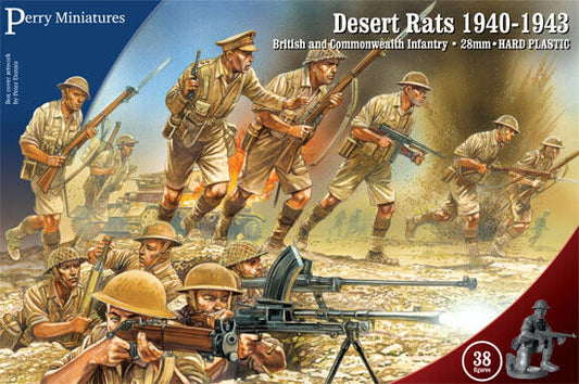 A painted diorama of Perry Miniatures WWII Desert Rats advancing through a desert landscape.