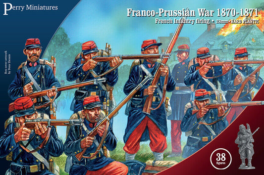 A painted diorama of Perry Miniatures FRE2 French Infantry firing their rifles in a skirmish line.
