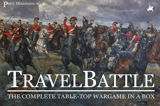 Box art of the Perry Miniatures TravelBattle set, showing compact 8mm Napoleonic miniatures (red and blue armies), 3D green terrain boards, and grey buildings, all designed for portable play.