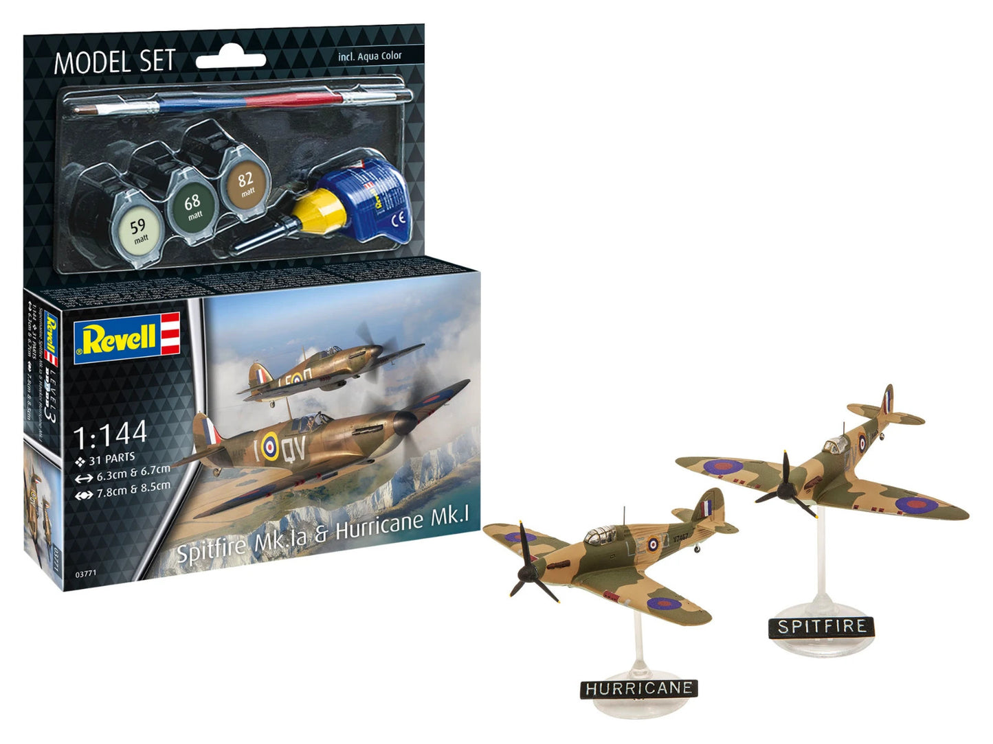 The box art for the Revell R63771 model set, depicting both a Supermarine Spitfire Mk.Ia and a Hawker Hurricane Mk.I in flight, in Battle of Britain era camouflage highlighting the iconic aircraft.