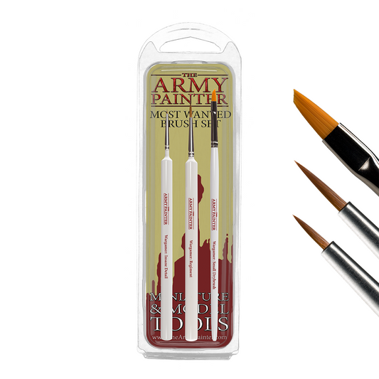 The Army Painter Most Wanted Brush Set blister pack, clearly showing three high-quality miniature painting brushes: a very fine detail brush, a standard round brush, and an angled drybrush. The packaging highlights "Rotmarder Sable" hair.