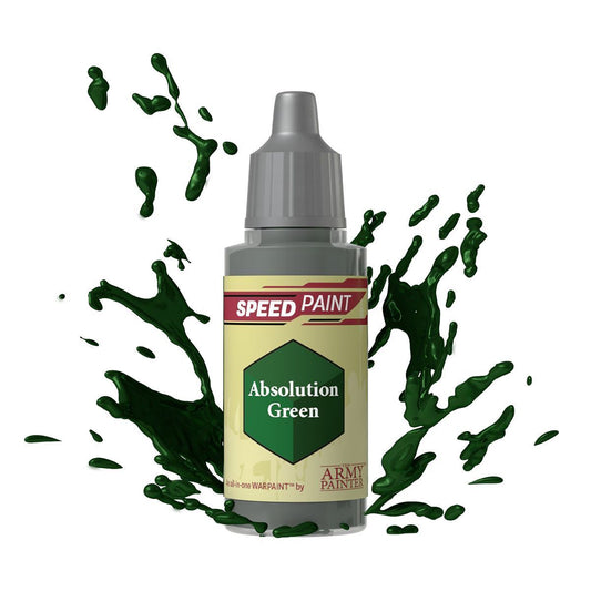 An 18ml dropper bottle of The Army Painter Speedpaint Absolution Green, showing a bright, almost luminous light green color, often associated with magical or glowing effects.