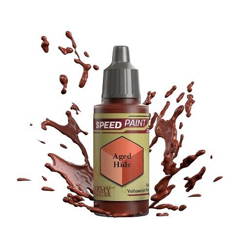 An 18ml dropper bottle of The Army Painter Speedpaint Aged Hide, displaying a warm, desaturated brown color with hints of yellow, perfect for old leather or weathered textures.