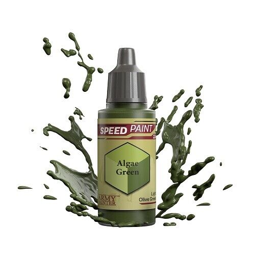 An 18ml dropper bottle of The Army Painter Speedpaint Algae Green, showing a murky, desaturated green color with brownish undertones, ideal for swampy or grim effects.