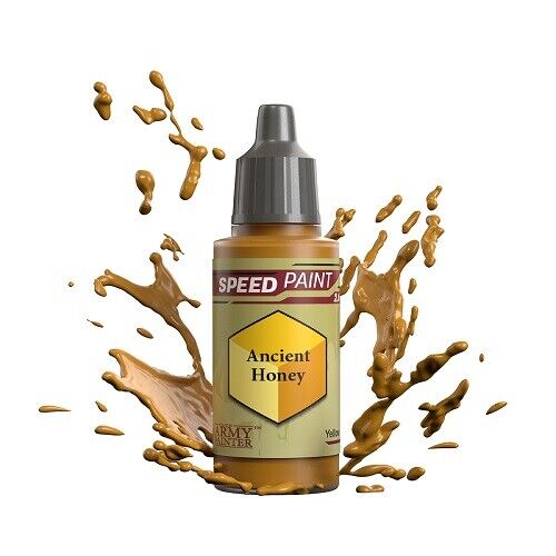 An 18ml dropper bottle of The Army Painter Speedpaint Ancient Honey, showing a warm, golden-brown color, perfect for aged gold or natural tones.