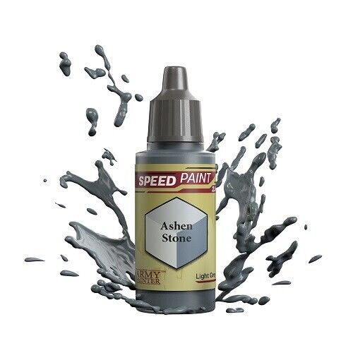 An 18ml dropper bottle of The Army Painter Speedpaint Ashen Stone, displaying a dark, cool grey color with a hint of brown or purple, perfect for aged stone or grim architecture.