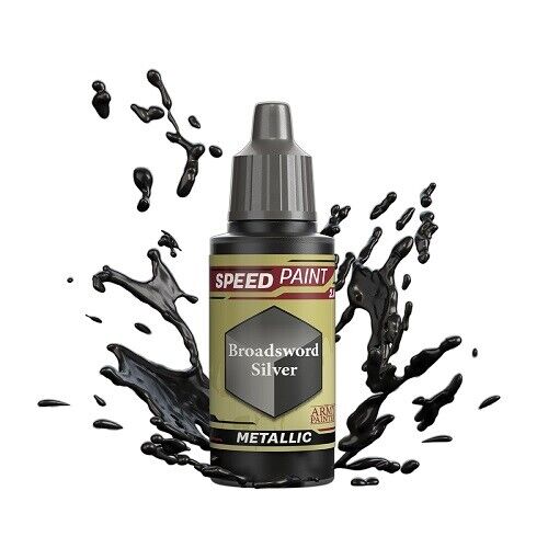 An 18ml dropper bottle of The Army Painter Speedpaint Broadsword Silver, showing a deep, dark metallic silver color with a strong shading effect.