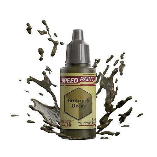 An 18ml dropper bottle of The Army Painter Speedpaint Brownish Decay, showing a murky, reddish-brown color, ideal for aged wood, rust, or decay effects.