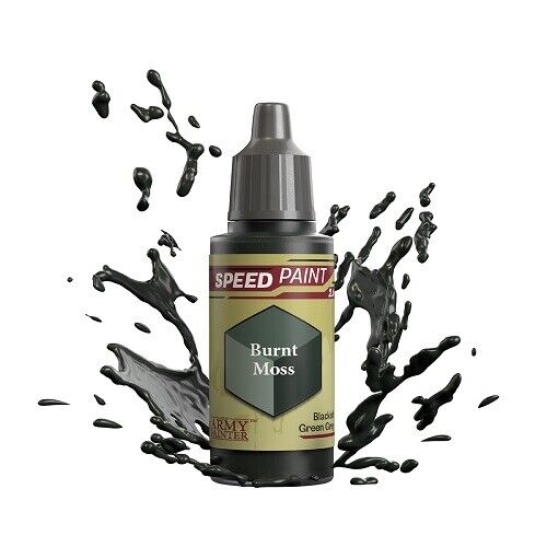 An 18ml dropper bottle of The Army Painter Speedpaint Burnt Moss, showing a muted, earthy green with brown undertones, ideal for natural or grim effects.