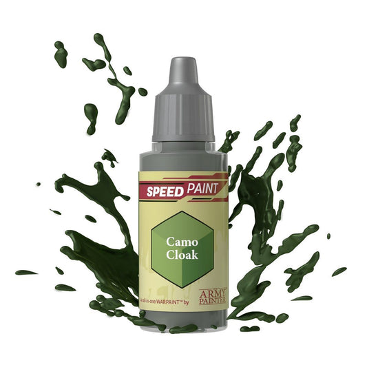 An 18ml dropper bottle of The Army Painter Speedpaint Camo Cloak, showing a medium, earthy brown-green color, perfect for camouflage or natural environments.