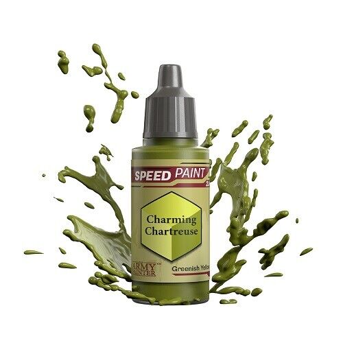 An 18ml dropper bottle of The Army Painter Speedpaint Charming Chartreuse, showing a vibrant, yellowish-green color.