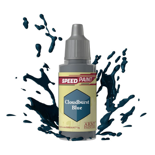 An 18ml dropper bottle of The Army Painter Speedpaint Cloudburst Blue, showing a vibrant, electric blue color, like a clear sky after a storm.