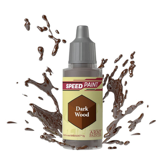  An 18ml dropper bottle of The Army Painter Speedpaint Dark Wood, displaying a deep, rich brown color, ideal for wooden structures, furniture, or natural elements.
