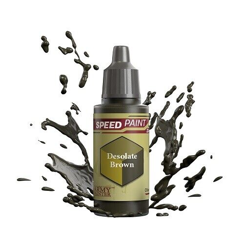 An 18ml dropper bottle of The Army Painter Speedpaint Desolate Brown, showing a dark, earthy brown color with a hint of red, ideal for grim landscapes or aged wood.