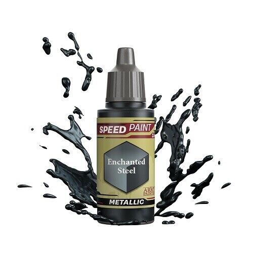 An 18ml dropper bottle of The Army Painter Speedpaint Enchanted Steel, showing the dark, shimmering metallic grey color with a subtle blue or purple tint.