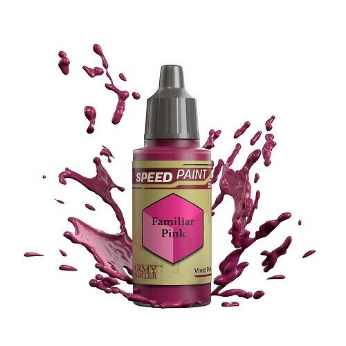 An 18ml dropper bottle of The Army Painter Speedpaint Familiar Pink, showing a vibrant, medium pink color, ideal for magical effects or unusual creatures.