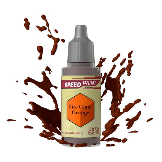 An 18ml dropper bottle of The Army Painter Speedpaint Fire Giant Orange, showing a deep, fiery orange color with intense warmth, perfect for infernal creatures or glowing effects.