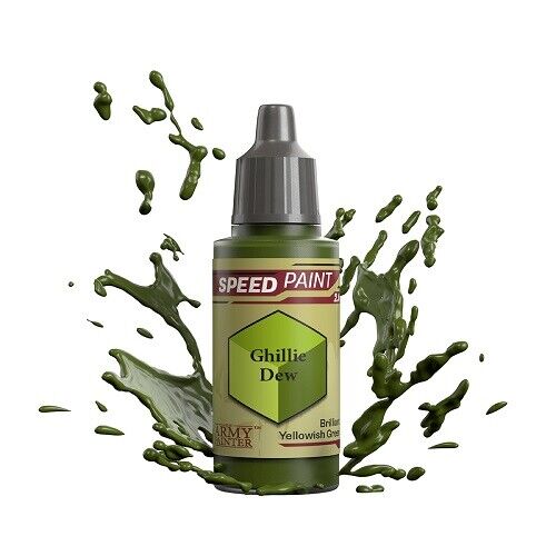 An 18ml dropper bottle of The Army Painter Speedpaint Ghillie Dew, showing a bright, olive-green color, perfect for military, natural, or camo schemes.