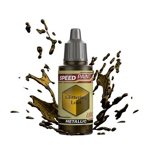 An 18ml dropper bottle of The Army Painter Speedpaint Glittering Loot, showing the shimmering gold metallic color with an intense, bright finish.