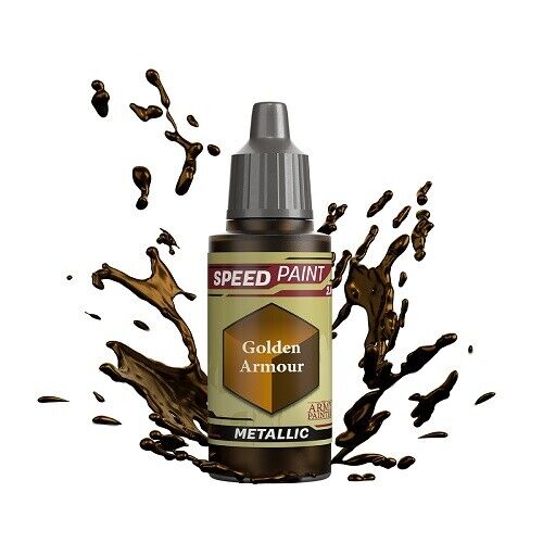 An 18ml dropper bottle of The Army Painter Speedpainter Golden Armour, showing the bright, classic gold metallic color of the one-coat paint.