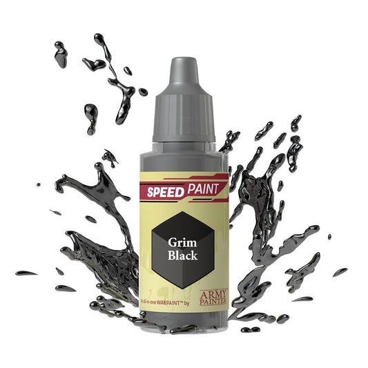 An 18ml dropper bottle of The Army Painter Speedpaint Grim Black, showing a deep, intense black color that provides strong shading and contrast.