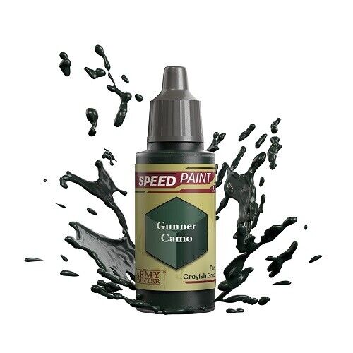 An 18ml dropper bottle of The Army Painter Speedpaint Gunner Camo, showing a dark, desaturated green color, ideal for military or camouflage schemes.