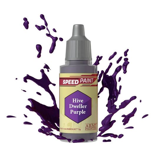 An 18ml dropper bottle of The Army Painter Speedpaint Hive Dweller Purple, showing a murky, desaturated purple with greyish undertones, ideal for alien skin or grim environments.