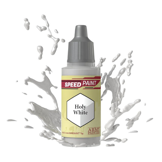 An 18ml dropper bottle of The Army Painter Speedpaint Holy White, showing a pure, bright white color that provides subtle shading in recesses.